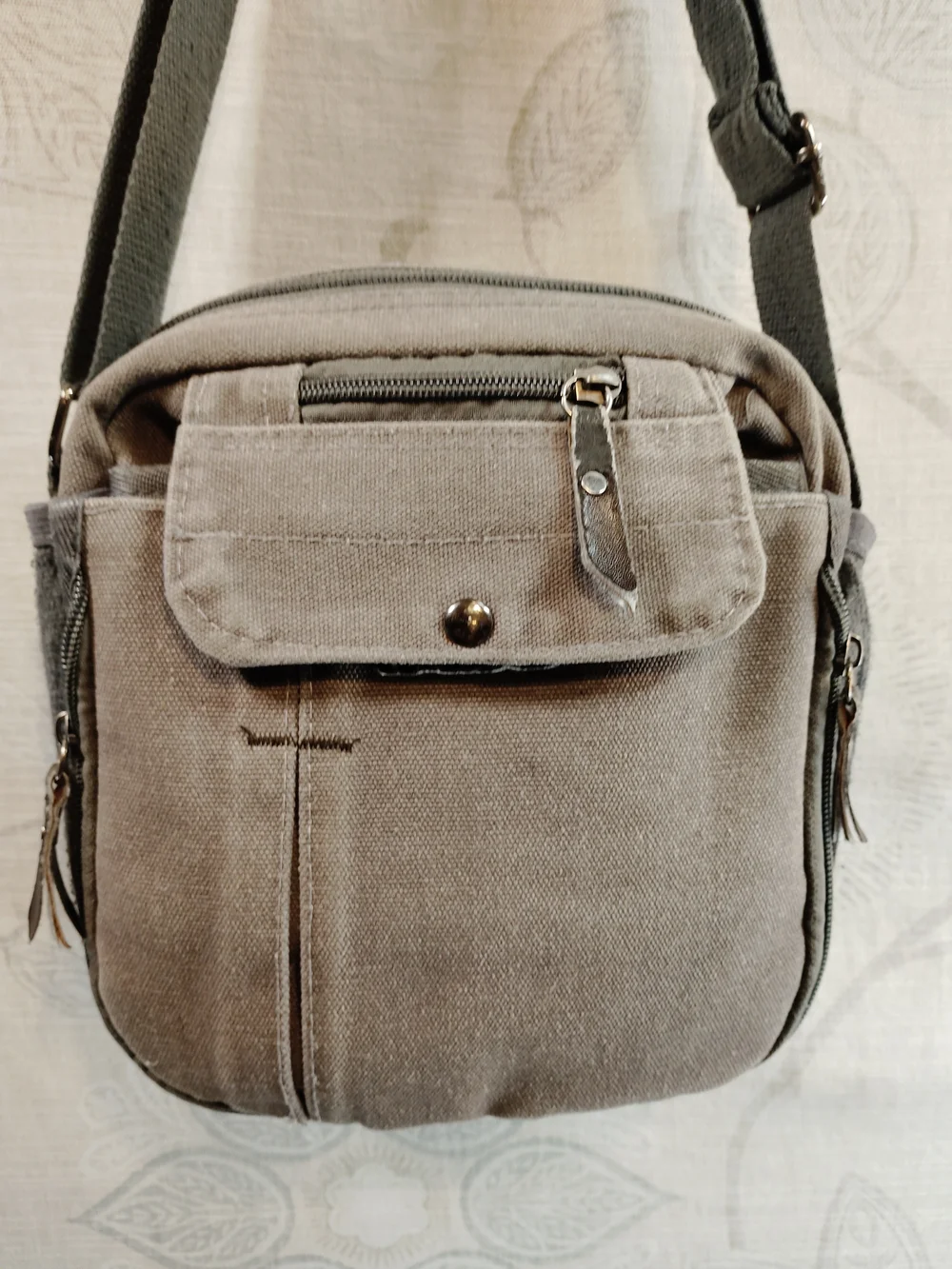 Canvas Compact Messenger Bag for Men - Grey w/Brown Accents
